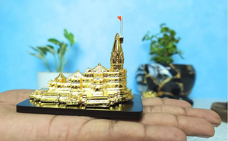 Gold Art India Ram Mandir Ayodhya Gold Plated 24 Karat - Minature for Car Dashboard, Gifting, Puja Room, Office Desk, Home Decor 
