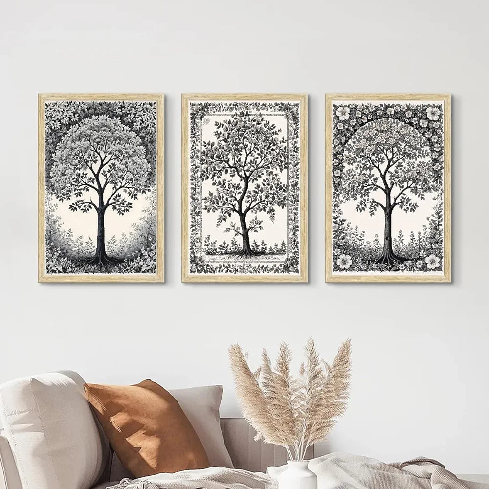 ArtX Paper Monochrome Paintings with Frame for Home Decor Wall Art, Black and White Wall Painting for Living Room, Multicolor, Natural Wood Color Frames, 12.0x18.0 inch, Set of 3