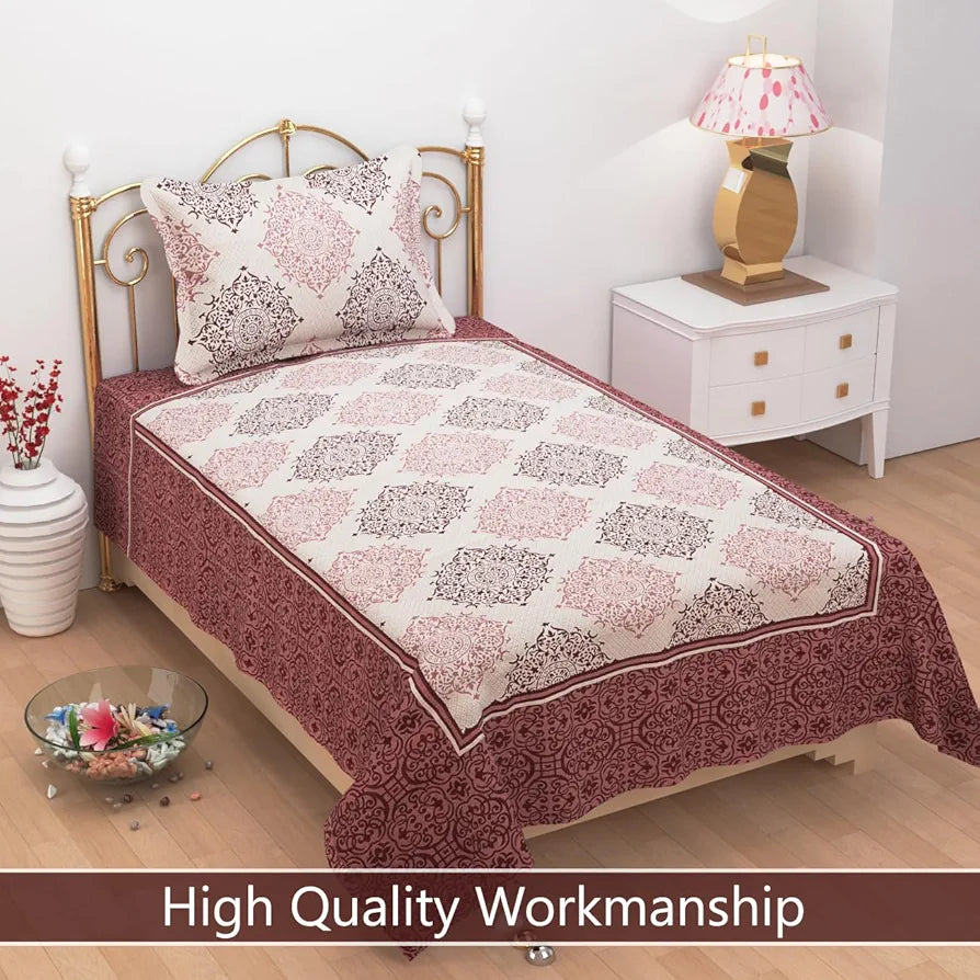 FRESH FROM LOOM Reversible Cotton Floral Single Bed Bedsheet - Hypoallergenic, Wrinkle Free, 300 Tc Heavy Bed Sheets With 1 Pillow Cover 
