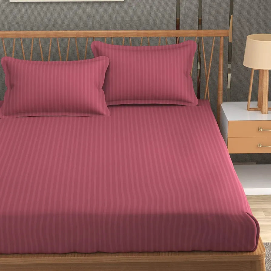 Homefab India 160 TC Stripe Glace Cotton Double BedSheet with 2 Pillow Covers -  - Pink