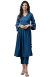 Janasya Women's Blue Crepe Solid Angrakha Kurta