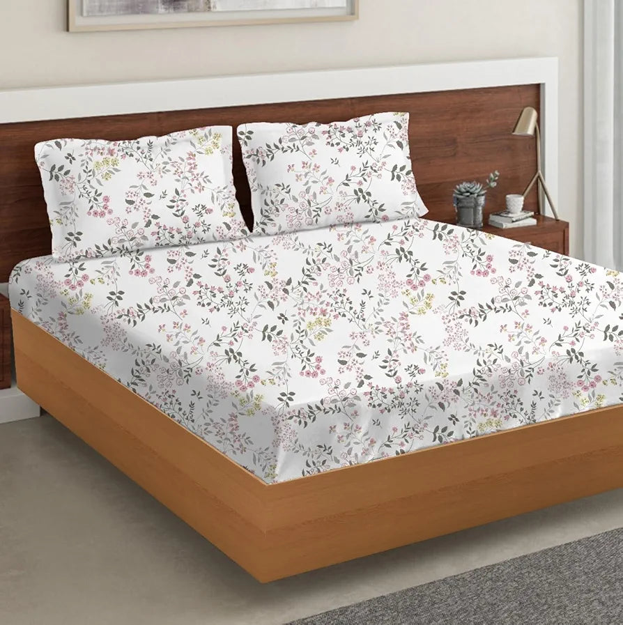 Trance Home Linen Skin Friendly 100% Cotton Printed Fitted Bedsheet for Queen Size Bed with 2 Pillow Cover - Premium 180TC 