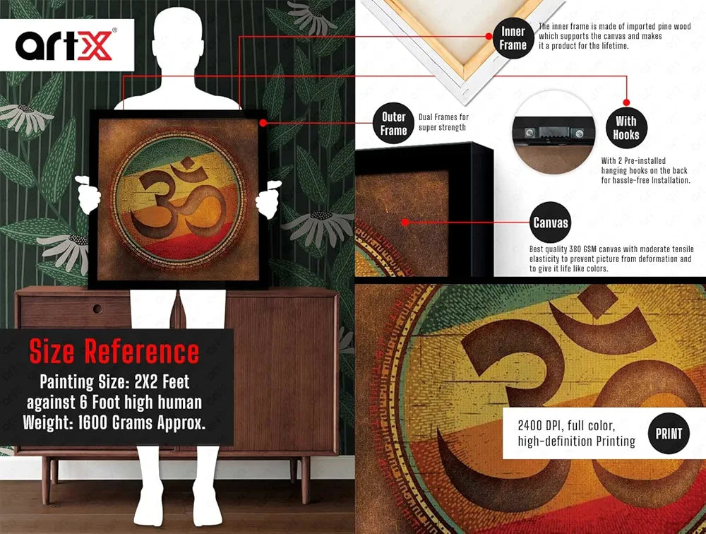 ArtX Om Brown Big Canvas Painting For Living Room With Frame, Multicolour, Square, 24.0 x 24.0 inch, 2x2 Feet, Set Of 1