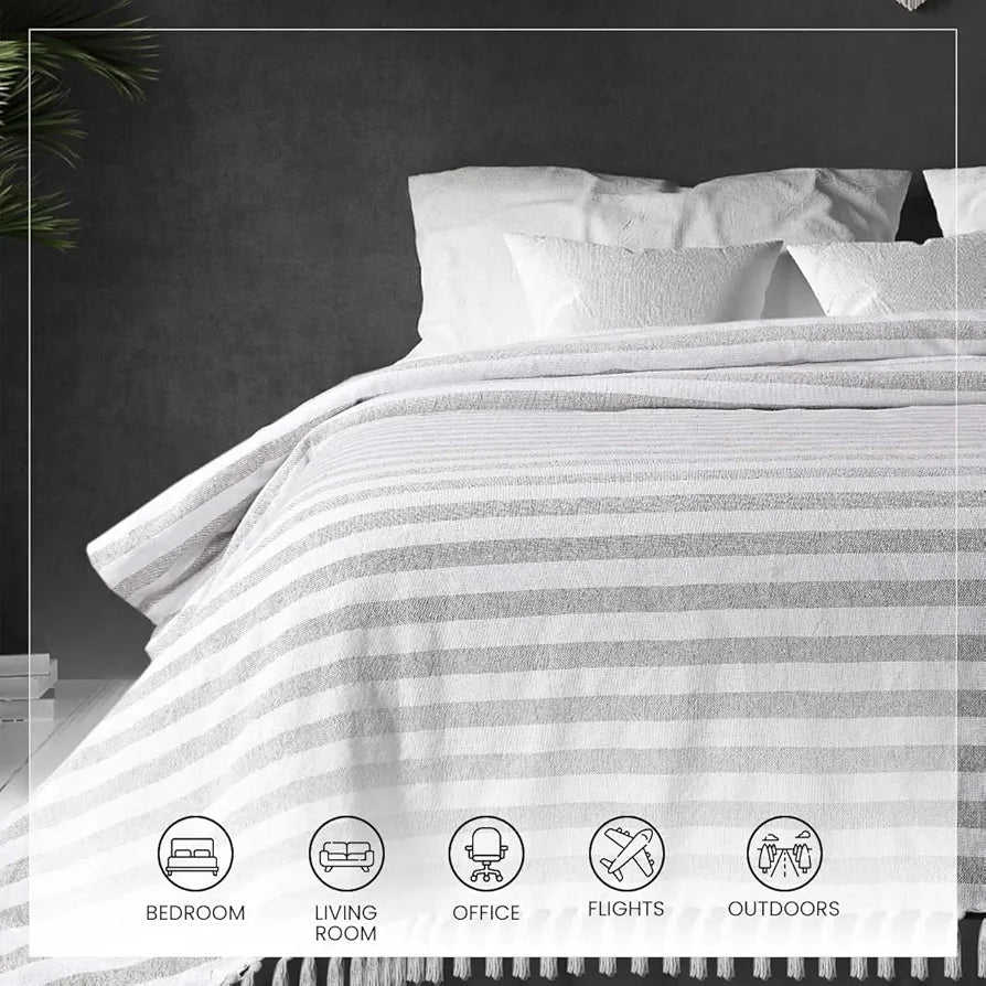SASHAA WORLD Striped Throw Bedcover| Super Soft & Breathable | Bedcover for Living Room & Bedroom | Grey & White Throw Bedcover | 170 x 200 Cm