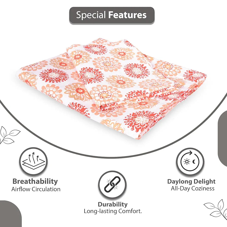 Divine Casa - 144 TC Super Soft 100% Cotton Bedsheet for Double Bed  144 Thread Count - Floral, Red Orange| 222 x 254 cm