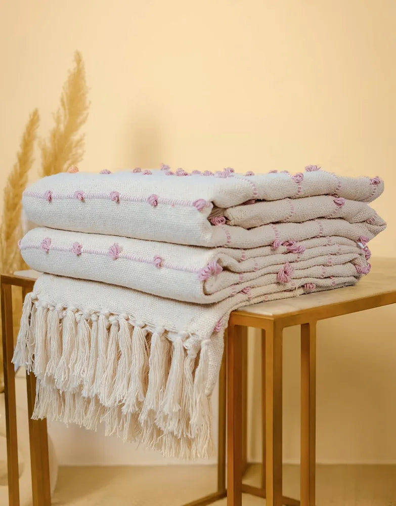 SAJAVAT HOME Hand-Knitted Pure Cotton 3 Seater Sofa Throw | 80x52 Inches/204x132 Cm | Bright Cream & Pink Throw for Sofa, Bed, Chair & Travel - Ideal for All Season | Pack of 1