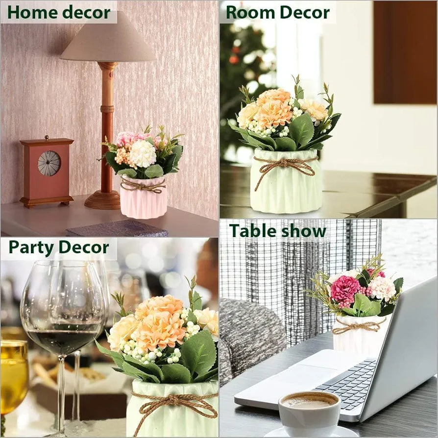 HOME ELEMENTS 1 Pc Artificial Flower with Ceramic Vase for Home Decor Hydrangea Bouquet Fake Flower Arrangements for Living Room Tabletop Showpiece Bedroom Office Desk Artificial Flower Plants 