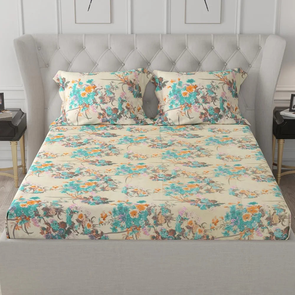 Cloth Fusion Glace Cotton Elastic Fitted Bedsheet for Double Bed King Size with 2 Pillow Covers, Soft Wrinkle Free Elastic Bedsheets for King Size Bed 