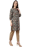 Janasya Women's Dark Green Cotton Floral Print Regular Tunic - XS