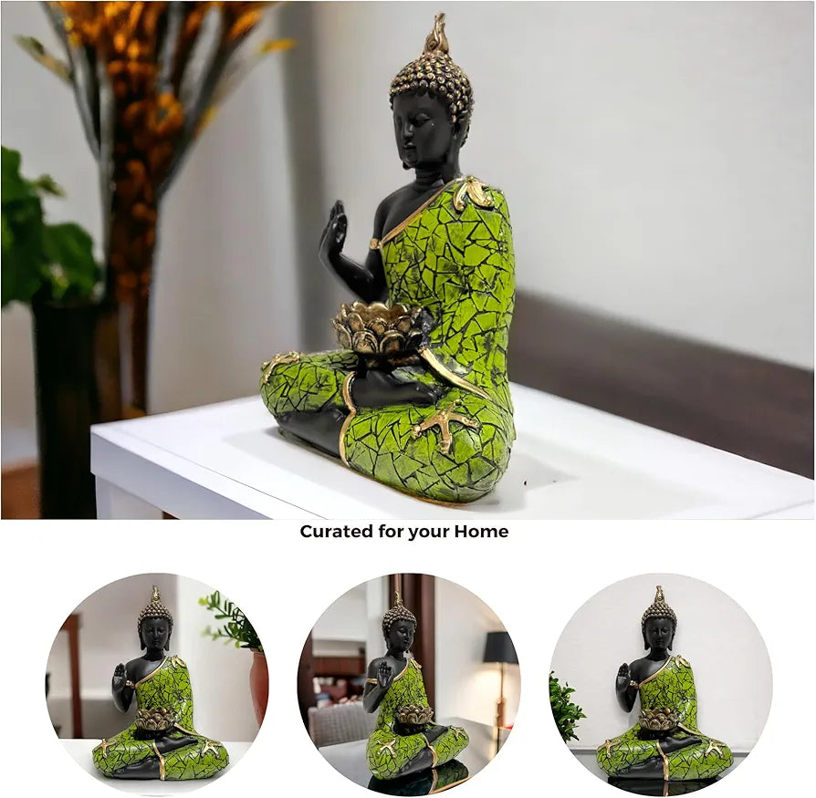 Meditating Buddha Statue with Tealight Candle Holder Polyresin Showpiece for Home Decor Living Room Office Vastu Gift Housewarming 28 cm Black Green