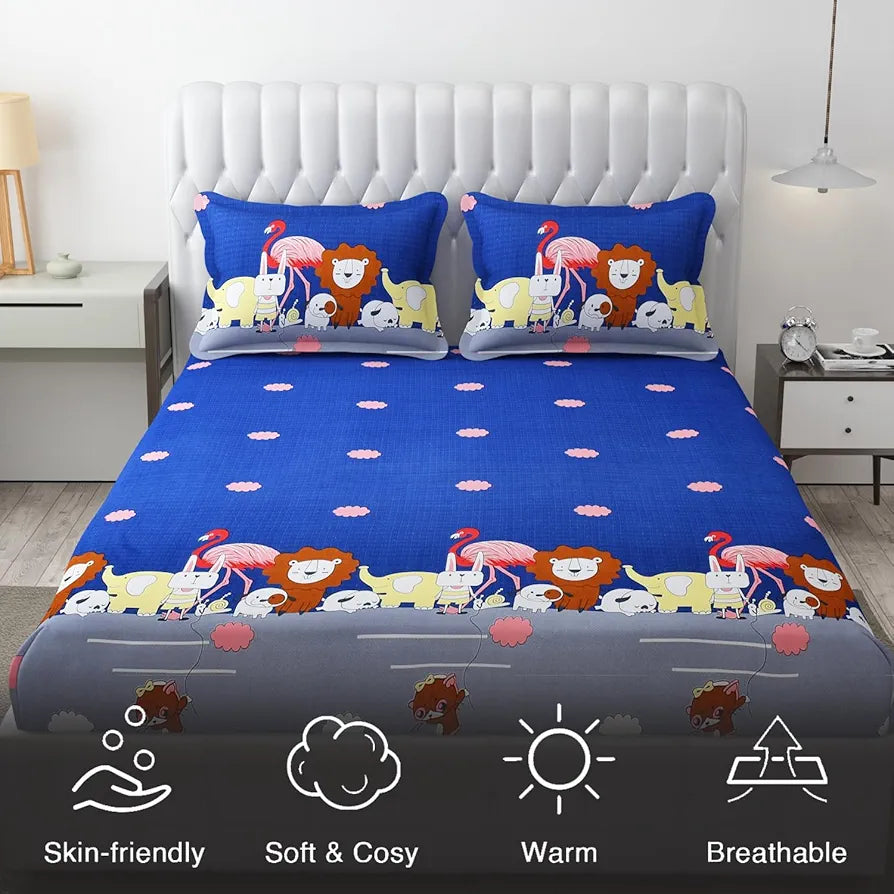 FRESH FROM LOOM Glace Cotton Wrinkle Free Soft Hypoallergenic Elastic Fitted Cartoon Printed Bedsheets for Kids with 2 Pillow,Jungle/Blue),Double Bed,300 TC
