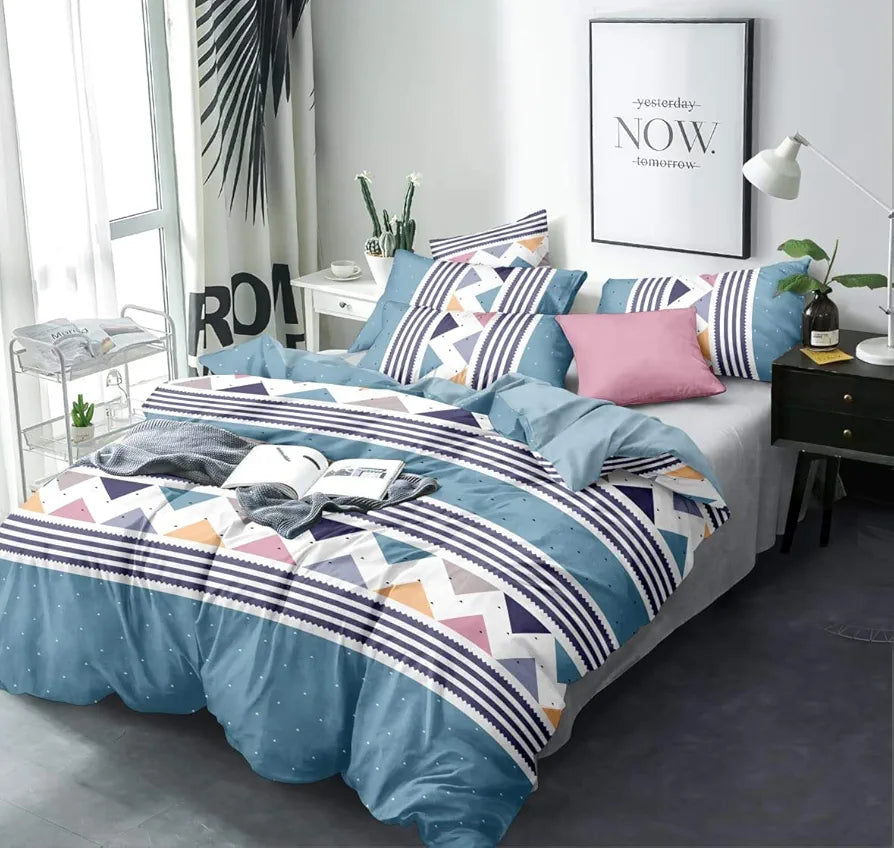 THE HOME STYLE Cotton Feel Glace Cotton Elastic Fitted Printed Double Bed King Size Bedsheet With 2 Pillow Cover 300 TC 