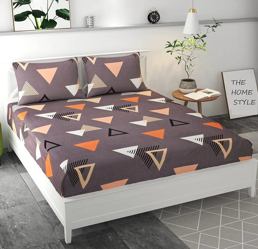 THE HOME STYLE Cotton Feel Glace Cotton Elastic Fitted Printed Queen Size Double Bed Bedsheet With 2 Pillow Cover,300 TC