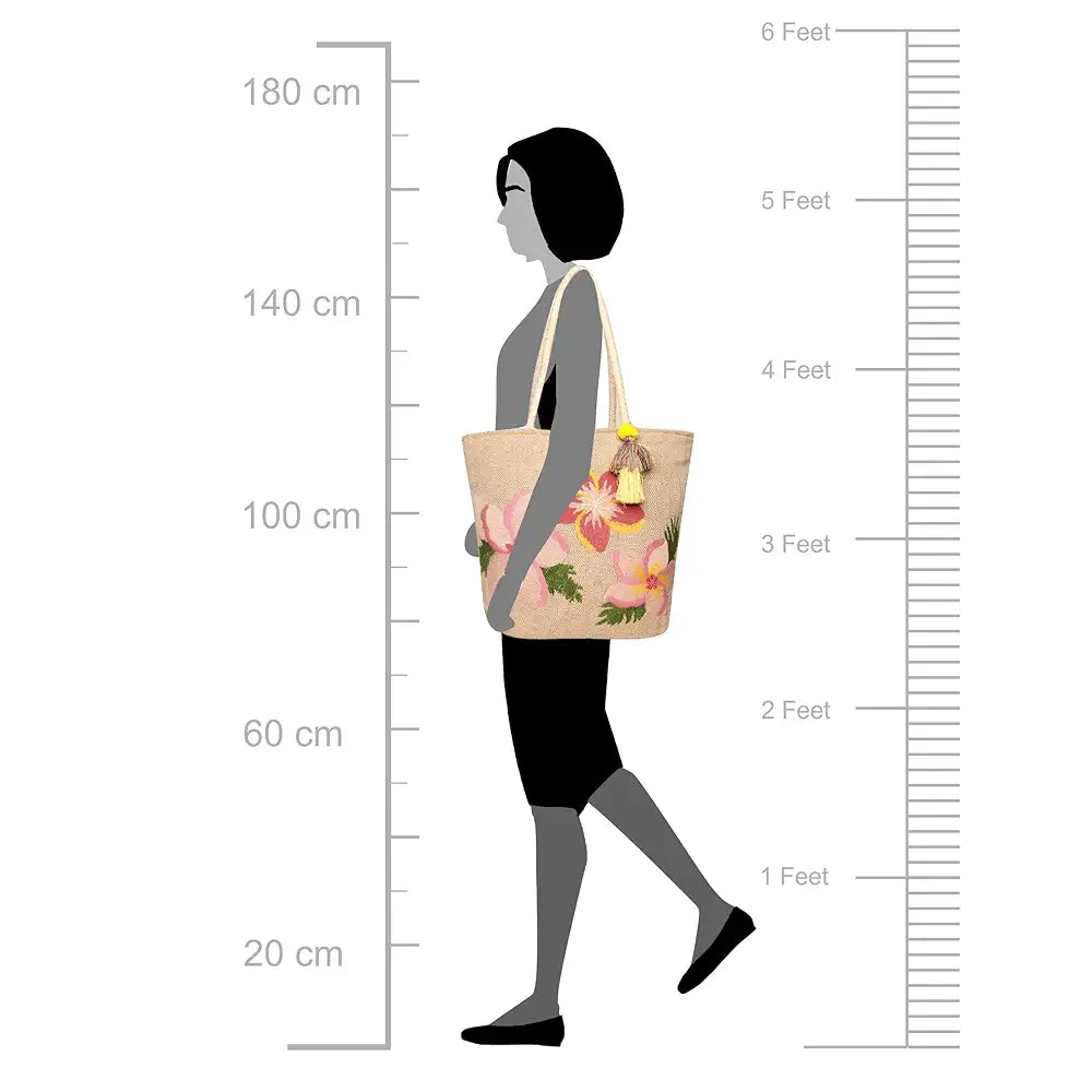 ASTRID Embroidered Floral Jute Tote Bag for Women and Girls with Zip, Tassels, Internal Zipper And Completely Biodegradable