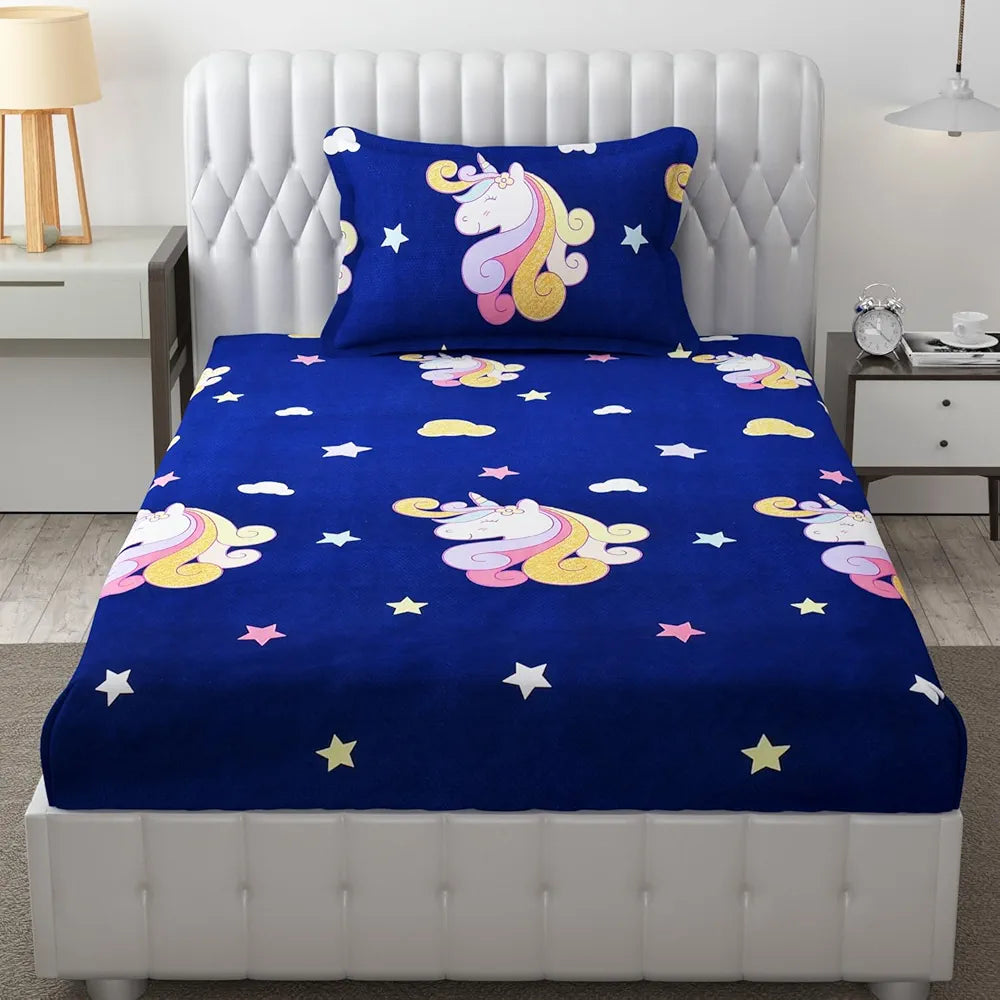 FRESH FROM LOOM Glace Cotton 300 TC Wrinkle Free Soft Elastic Fitted Bed Sheet|Cartoon Printed Bedsheets For Kids With 1 Pillow Cover Dinosaur/Blue), Smallsingle