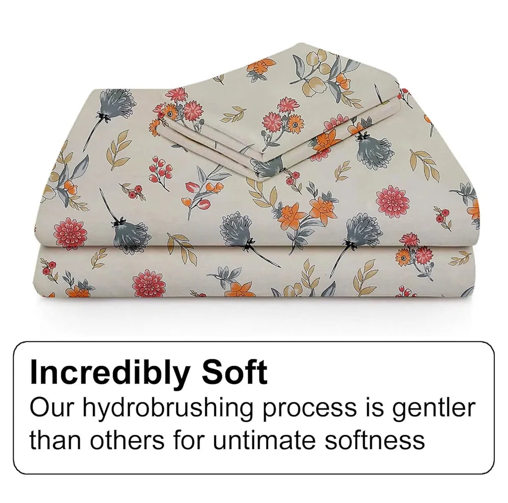 FRESH FROM LOOM Hypoallergenic Floral Print 240 TC Microfiber King Size Fitted Bedsheet Set with 2 Pillow Covers  | Pastel-Cream)
