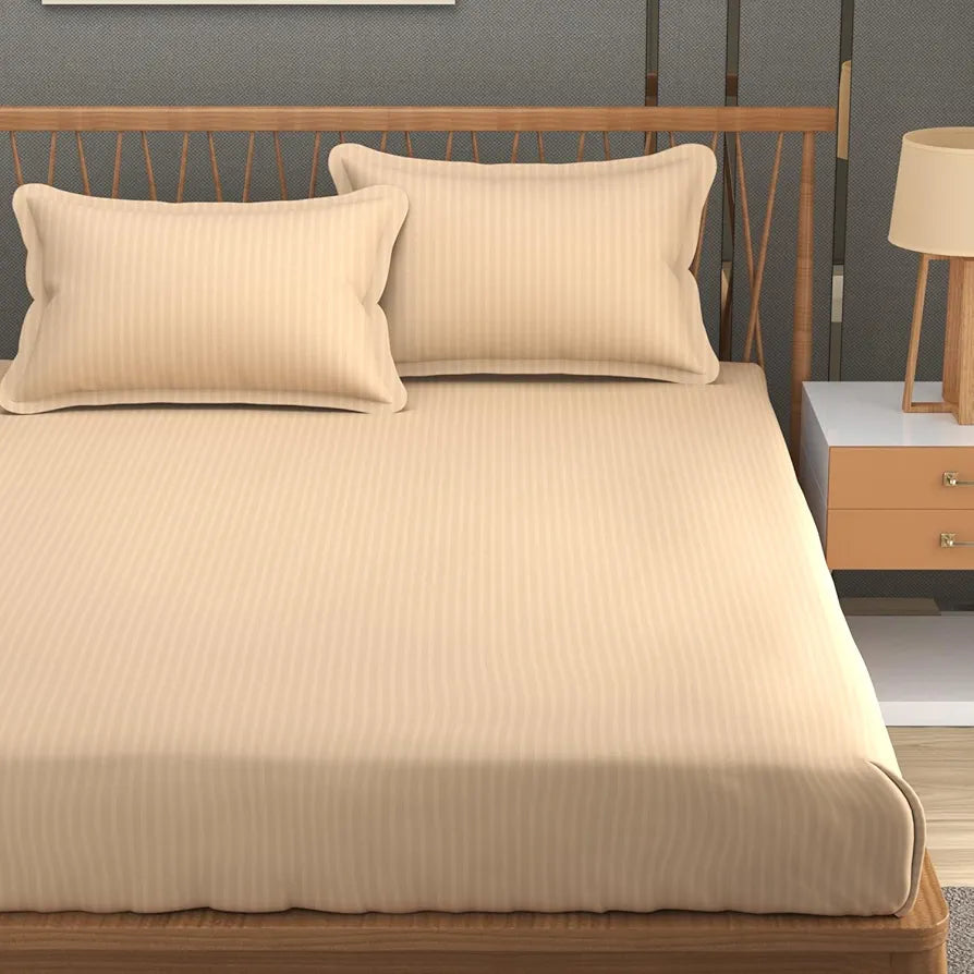 Homefab India 160 TC Stripe Glace Cotton Double BedSheet with 2 Pillow Covers -  - Peach