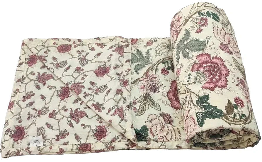 Trance Home Linen 100% Cotton Reversible Dohar Double Bed Size | Jaipuri Printed Artisan Block Design Blanket | Soft Lightweight Ac Comforter Quilt 