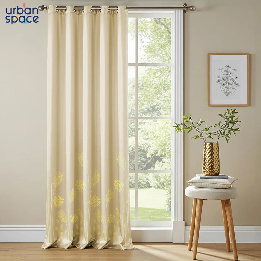 Urban Space Blackout Curtains for Living Room, Gold Foil Printed Luxurious 100% Blackout Decorative Window Curtain Eyelet with Tieback, 1 Piece 