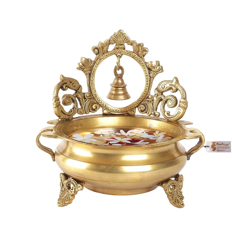 Two Moustaches Ethnic Indian Carved 7 Inches Brass Decor Urli Bowl with Bell, Brass Urli for Flowers, Urli Bowl for Home Decor, Brass Urli Decor Bowl, Weight - 1.6 Kg, Standard, Pack of 1