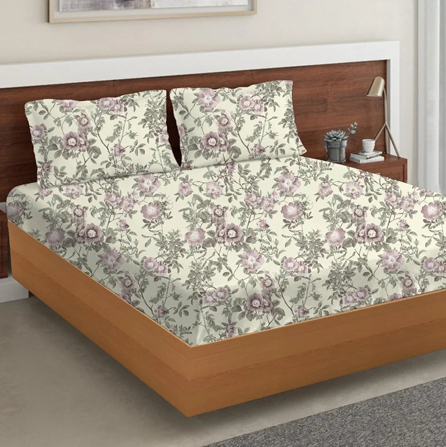 Trance Home Linen Skin Friendly 100% Cotton Printed Fitted Bedsheet for Queen Size Bed with 2 Pillow Cover - Premium 180TC 