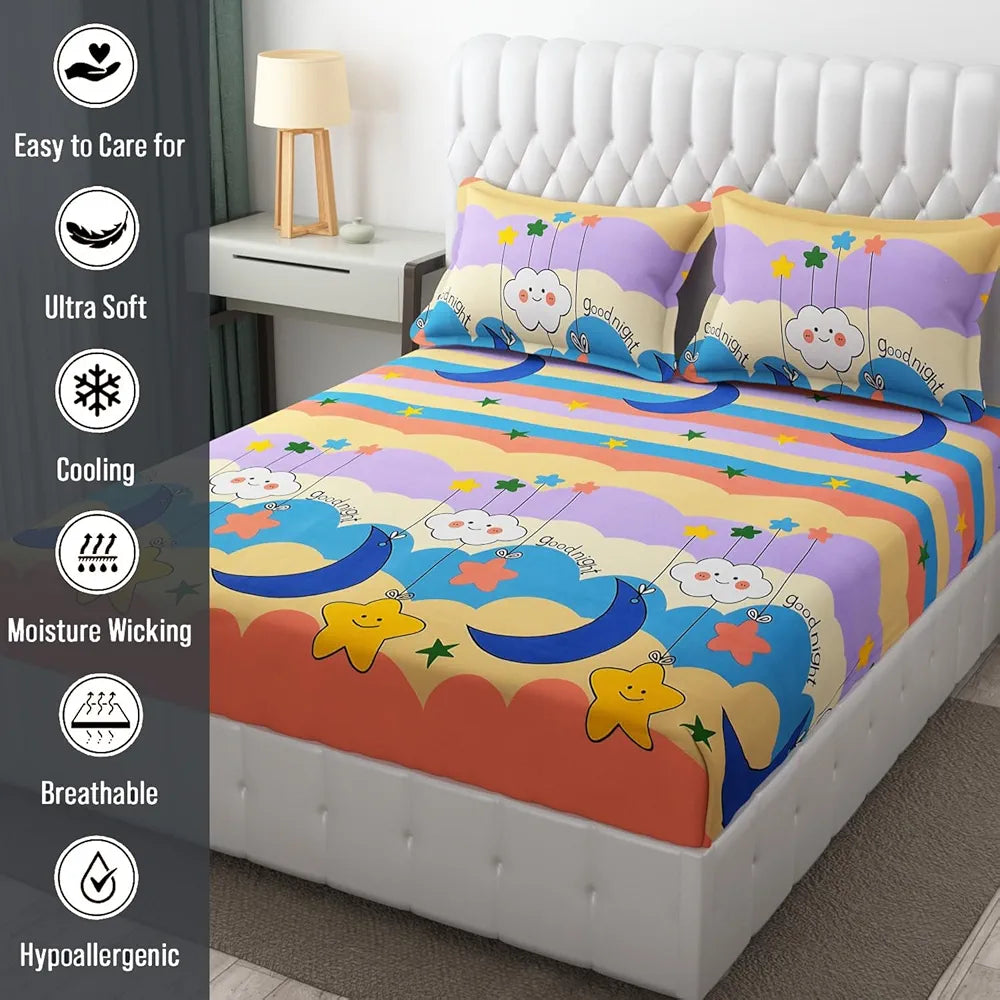FRESH FROM LOOM Animal 300 TC Wrinkle Free Glace Cotton Elastic Fitted Bedsheet for Kids with Two Pillow Cover |Moon Gud Night), queen, gud night multi color