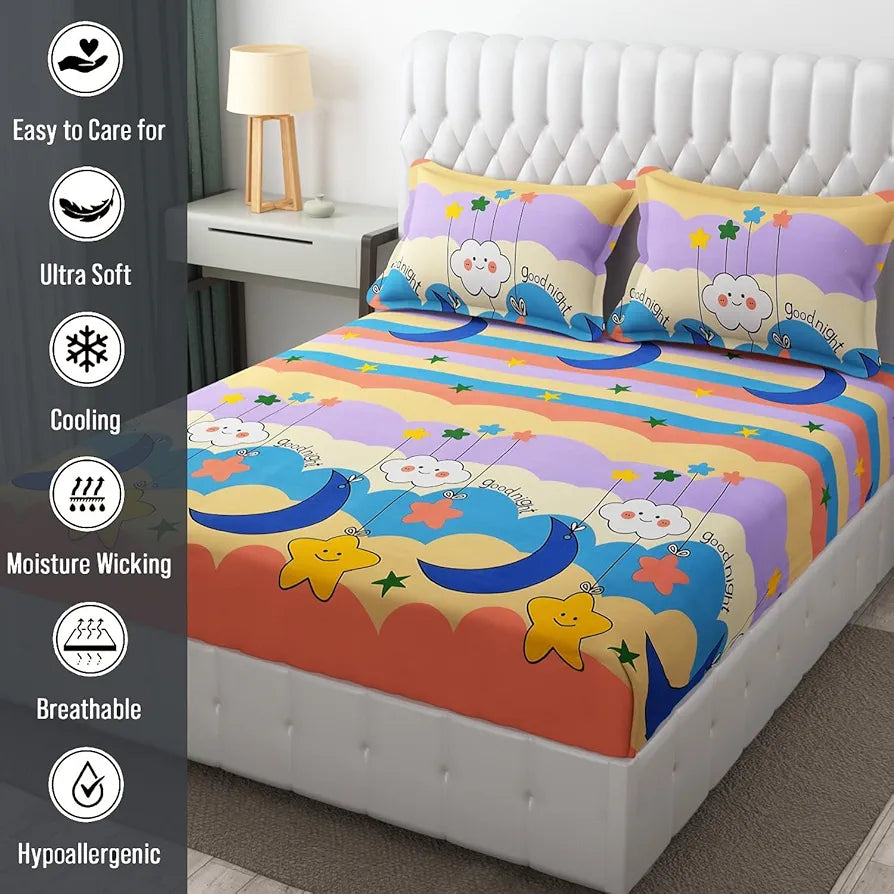 FRESH FROM LOOM Wrinkle Free Glace Animal Print Cotton Bedsheet For Kids With Two Pillow Cover , Multicolor, 144 Tc