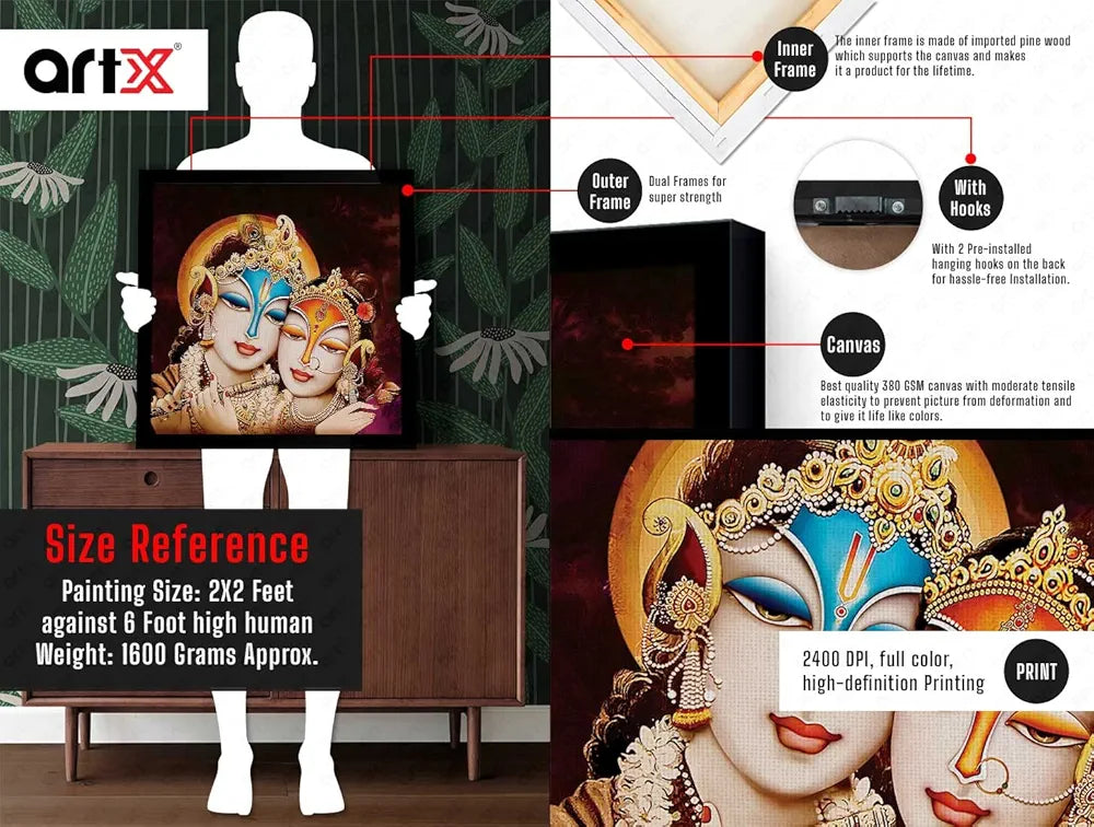 ArtX Radha Krishna Love Big Canvas Painting For Living Room With Frame, Multicolour, Square, 24.0 x 24.0 inch, 2x2 Feet, Set Of 1