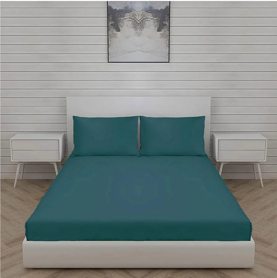 Trance Home Linen Premium 300 TC Pure 100% Cotton Queen Fitted Bedsheet with 2 Pillow Solid Covers 