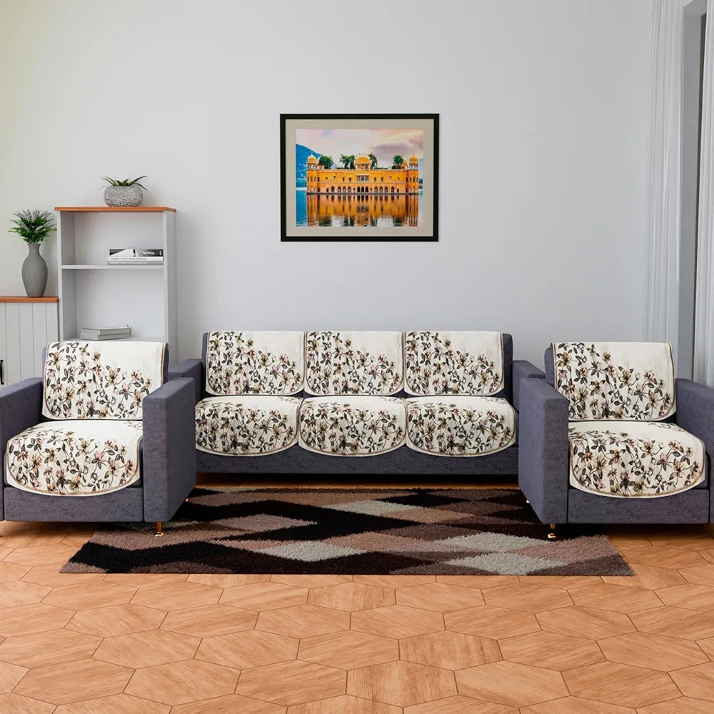Kuber Industries Velvet Sofa Cover Set - 5 Seater Couch Slipcover With Side Flower Design for Living Room - Cream