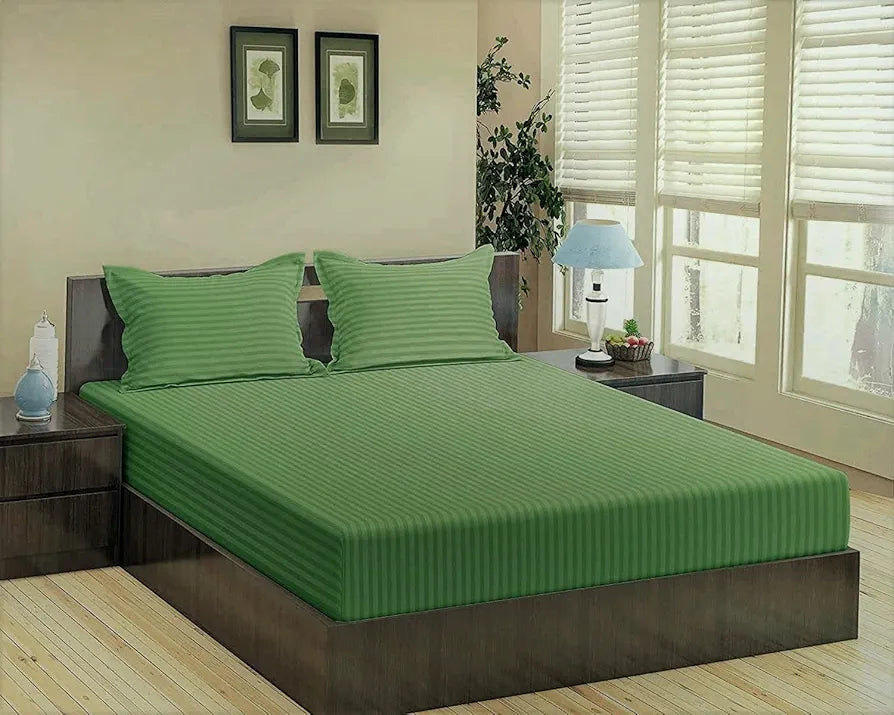 Trance Home Linen 100% Cotton 78x66 inch 200TC Satin Stripe Elastic Fitted Bedsheet | Daily Use Double Bed Fitted Bedspread with 2 Pillow Covers 