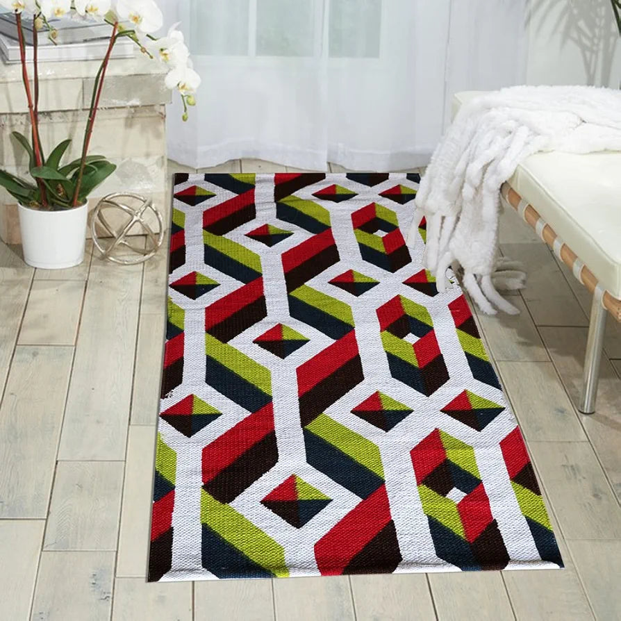 THE HOME TALK Handmade Cotton Carpet | Printed Mats | Area Rugs for Bedroom, Center Table, Living Room, Drawing Room, Hall | Machine Washable | 60 X 150 CM | Red