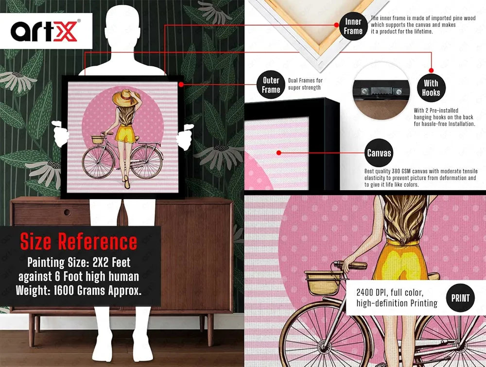 ArtX Woman Cycle Pink Background Pop Art Big Canvas Painting For Bedroom and Living Room With Frame, Multicolour, Square, 24.0 x 24.0 inch, 2x2 Feet, Set Of 1