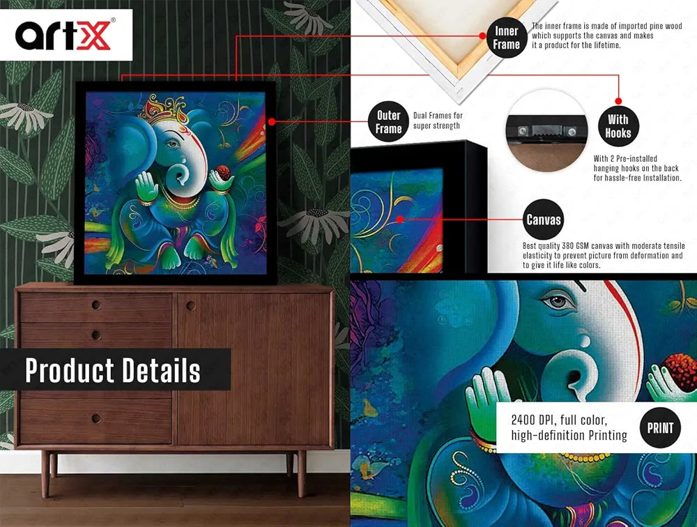 ArtX Ganesh Ji Big Canvas Painting With Frame, Multicolour, Square, 24.0 x 24.0 inch, 2x2 Feet, Set Of 1