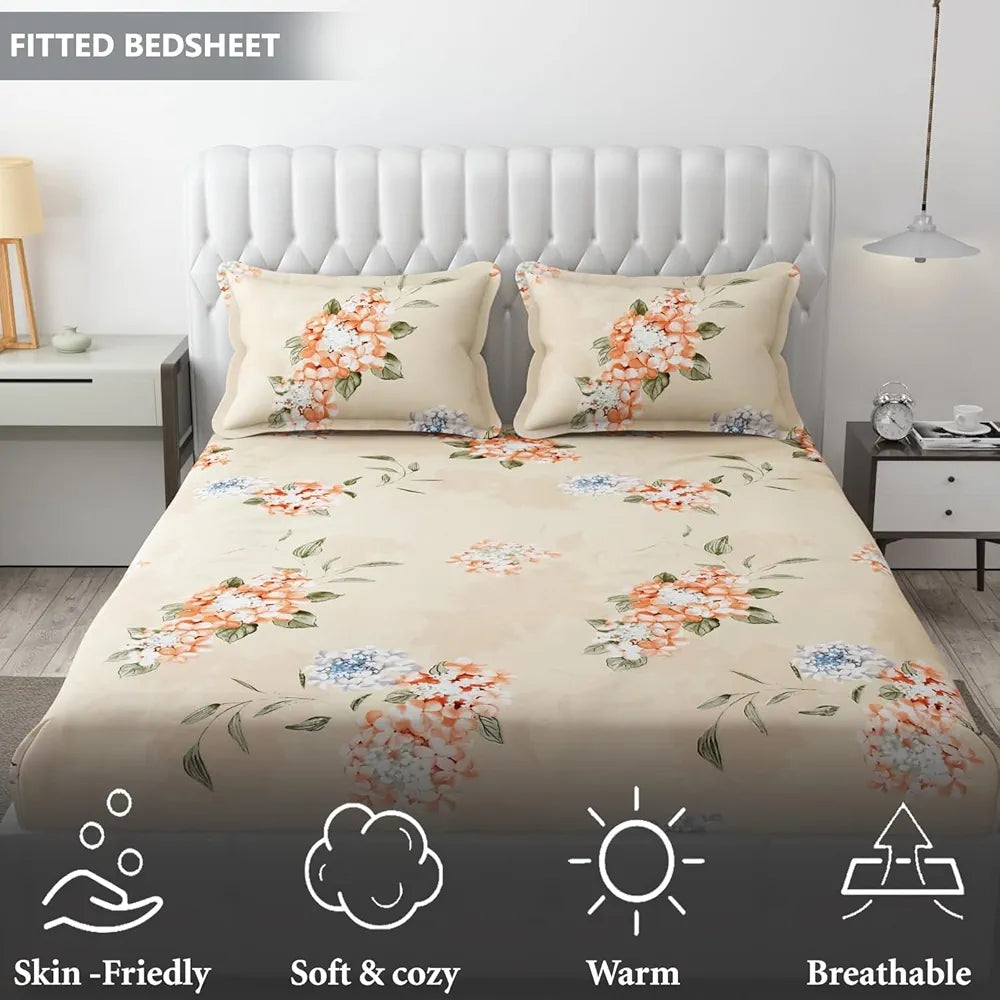 FRESH FROM LOOM Elastic Fitted Floral Bed Sheets King Size Bed with Two Pillow Cover,Soft Glace Cotton Bed Covers for Mattresses Tuck in,,Rose Beige),144 TC