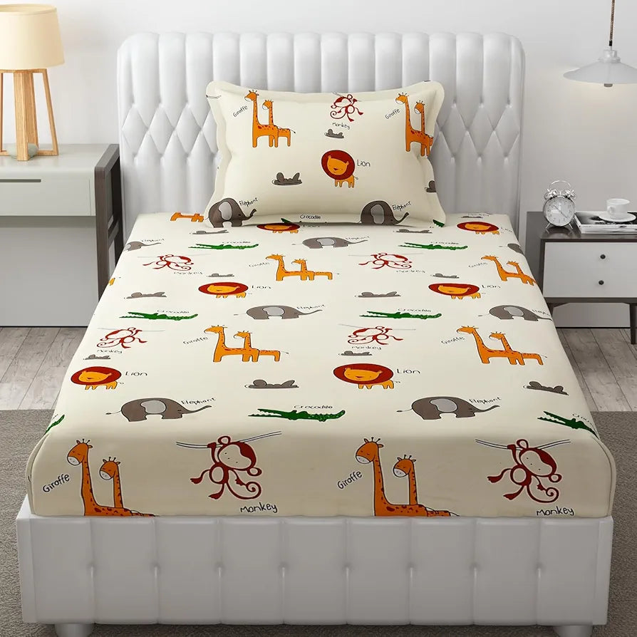 FRESH FROM LOOM Glace Cotton Wrinkle Free Soft Hypoallergenic Bed Sheet | Cartoon Printed | Single Bedsheet Bedsheet for Kids Room Boys Girls with 1 Pillow Cover , 144 TC
