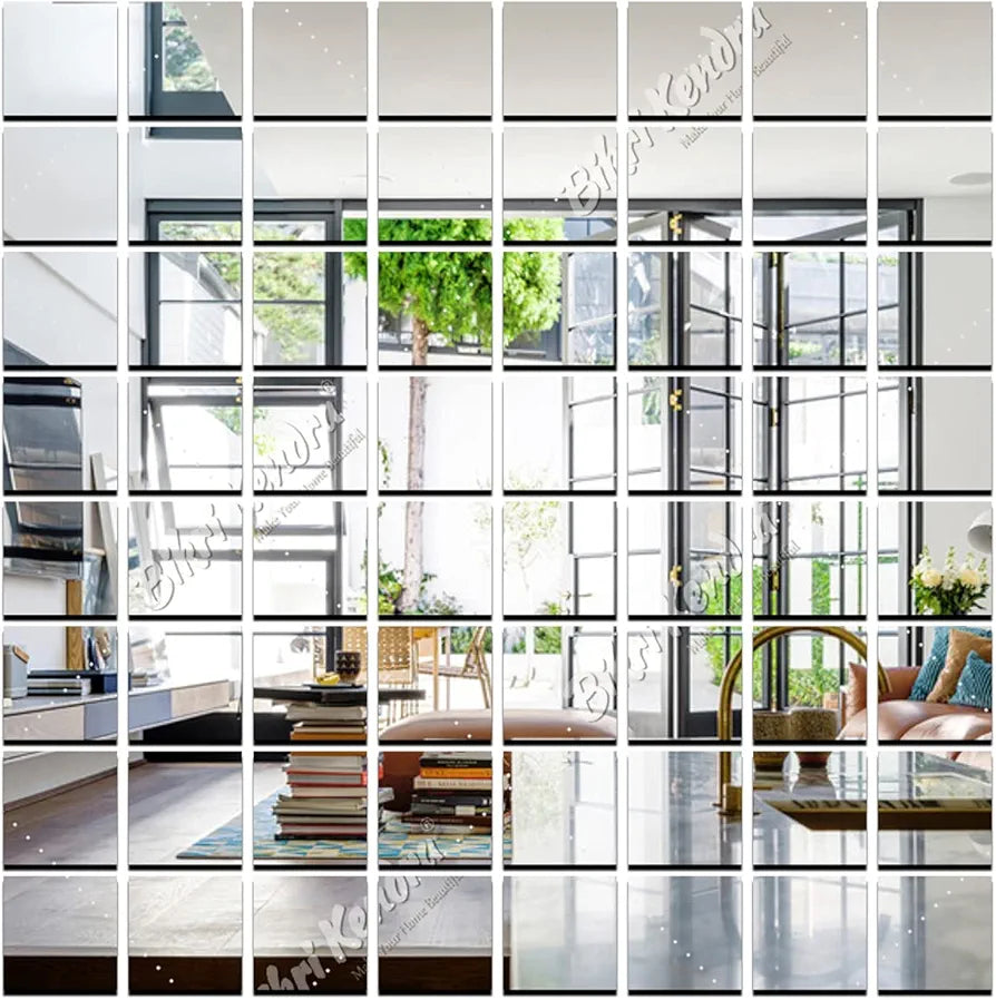Bikri Kendra - 60 Big Square Silver Mirror Stickers for Wall, Acrylic Mirror Sticker, 3D Acrylic Stickers Wall Stickers for Hall Room, Bed Room, Kitchen. 