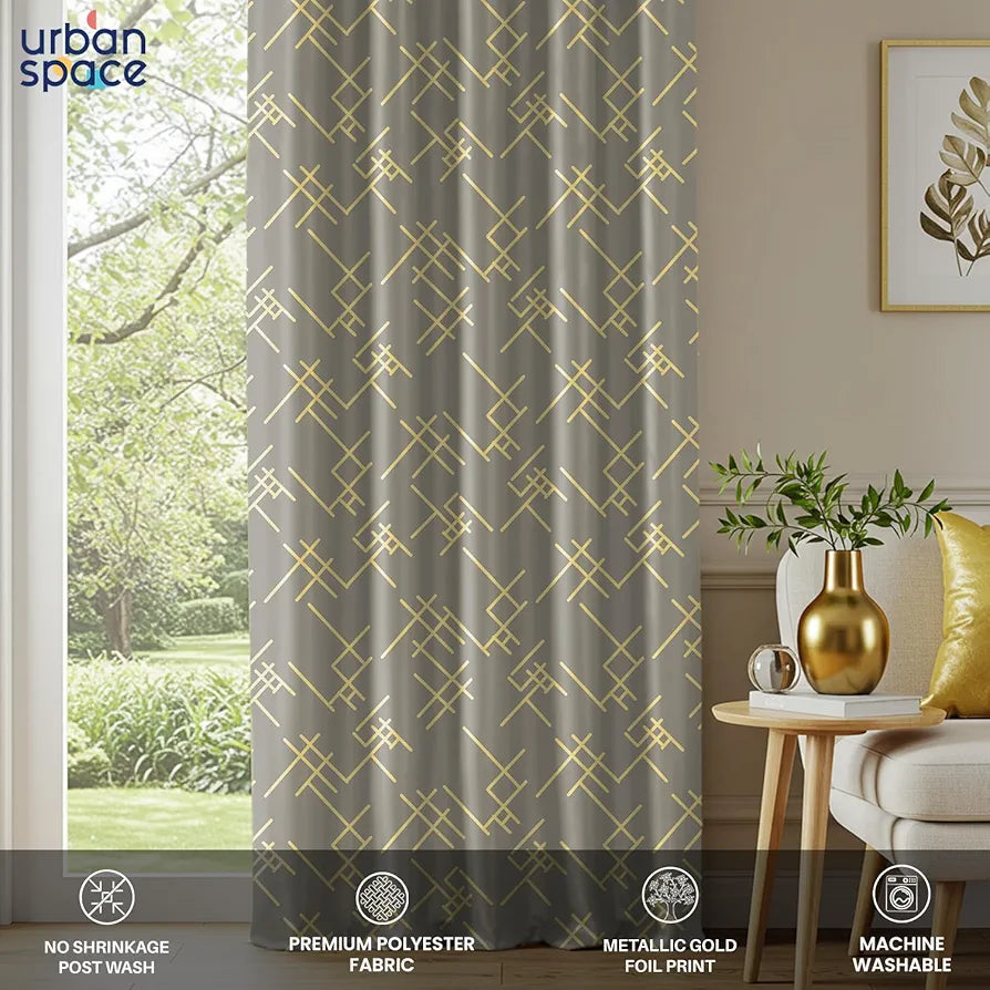 Urban Space Blackout Curtains for Living Room, Gold Foil Printed Luxurious 100% Blackout Decorative Door Curtain Eyelet with Tieback, 1 Piece 