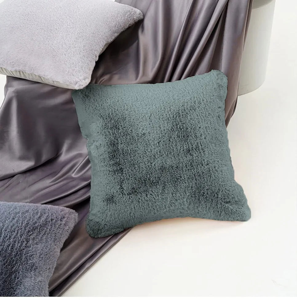 Luxe Home Cushion Cover 16 inch x 16 inch One Side Rabbit Fur Plain Design Covers Set of 2 for Sofa, Bedroom, livingroom 