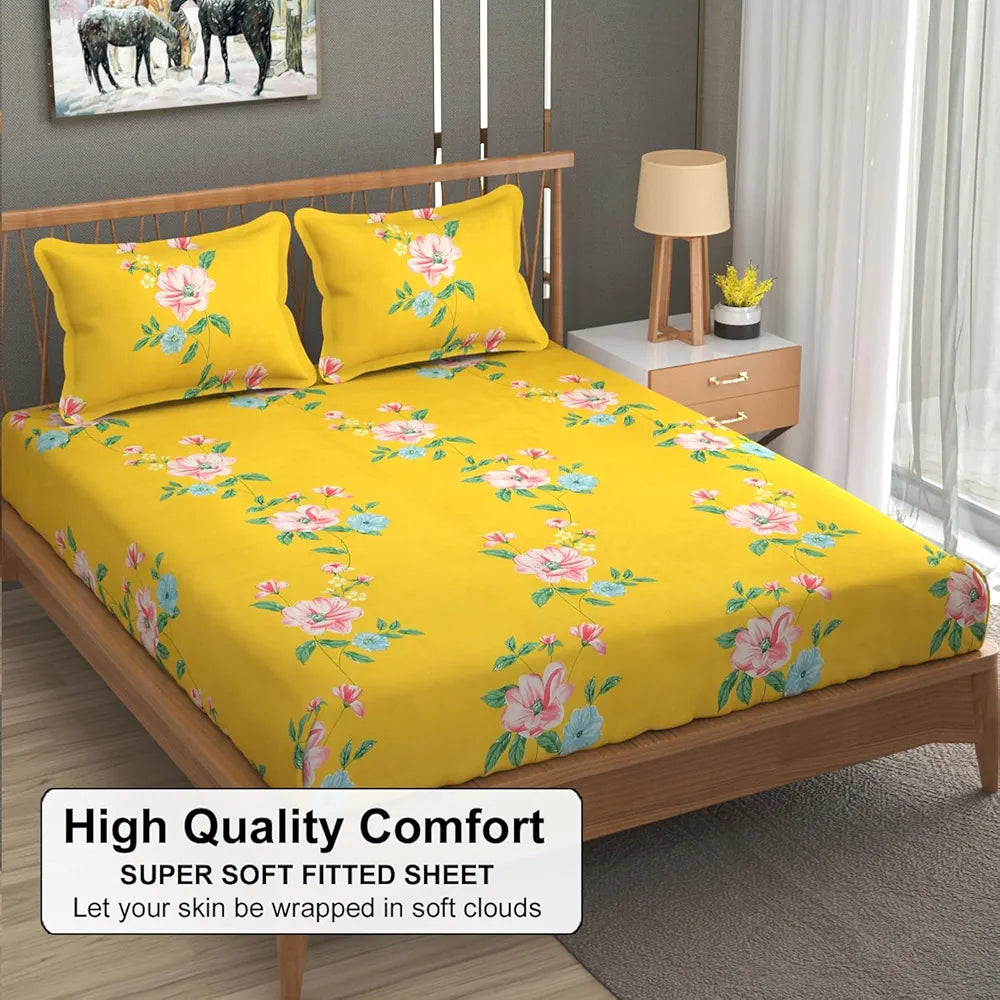 FRESH FROM LOOM Hypoallergenic King Size Floral Print Microfiber Fitted Bedsheet Set - 240 TC, Includes 2 Pillow Covers 