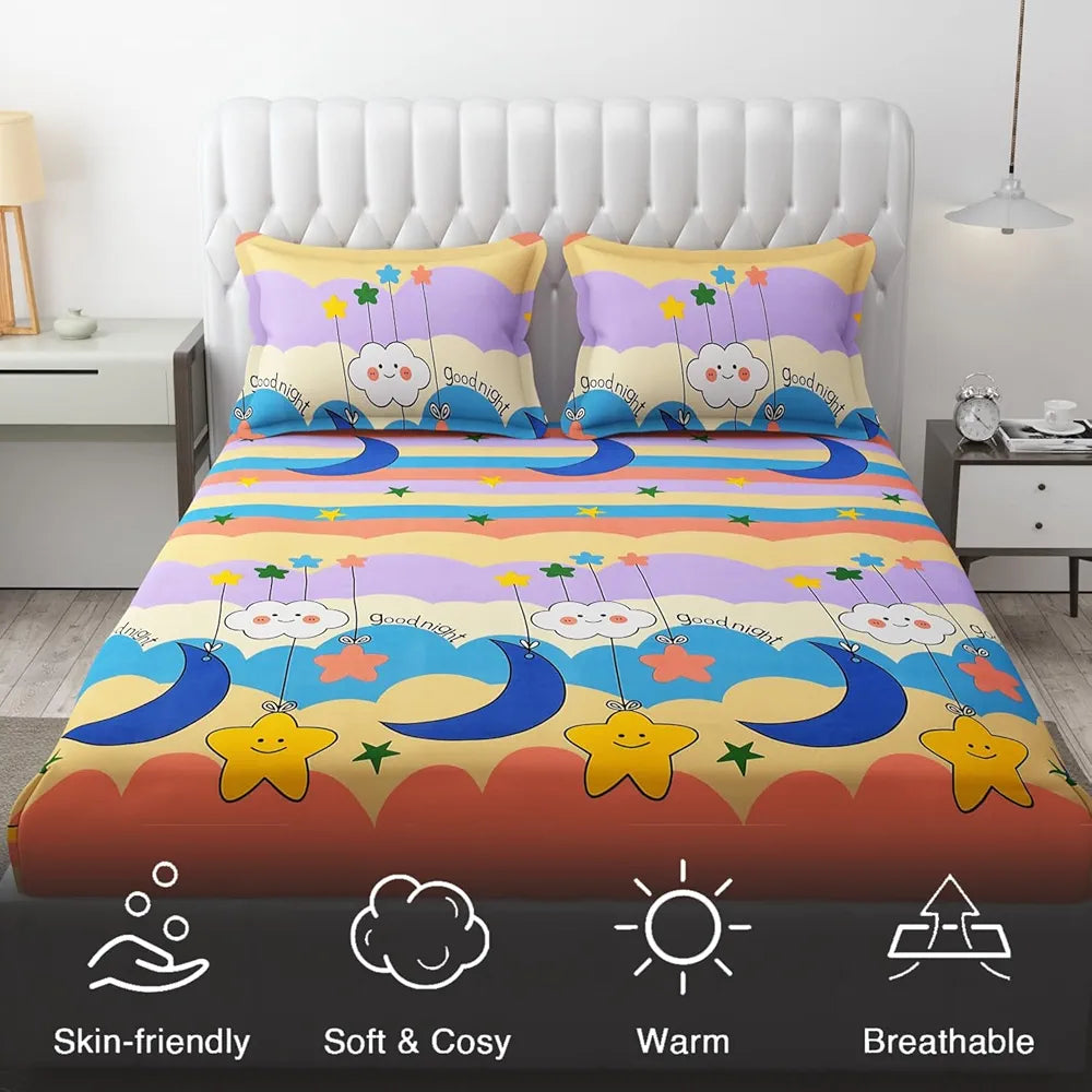 FRESH FROM LOOM Animal 300 TC Wrinkle Free Glace Cotton Elastic Fitted Bedsheet for Kids with Two Pillow Cover |Moon Gud Night), queen, gud night multi color