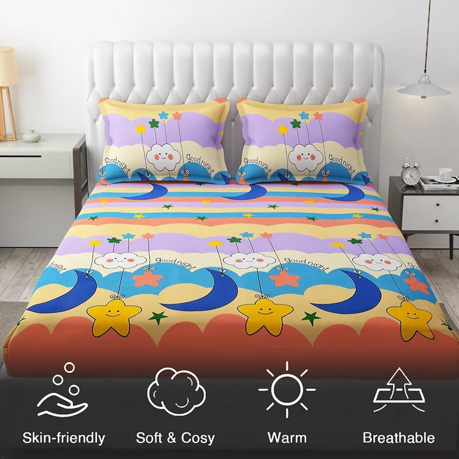 FRESH FROM LOOM Wrinkle Free Glace Animal Print Cotton Bedsheet For Kids With Two Pillow Cover , Multicolor, 144 Tc