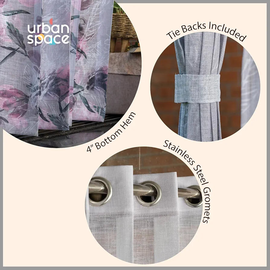 Urban Space Printed Sheer Curtains for Long Door 8 feet, 35-40% Light Filtering Textured Decorative Curtains with Eyelets and TieBack for Living Room, Set of 2 Sheer Curtains 
