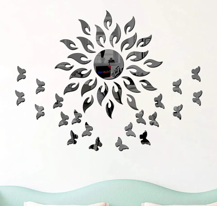 Bikri Kendra - Sun Black with 20 Black Butterfly 3D Acrylic Mirror Stickers for Wall, Kids Room Living Room Hall Wall Sticker