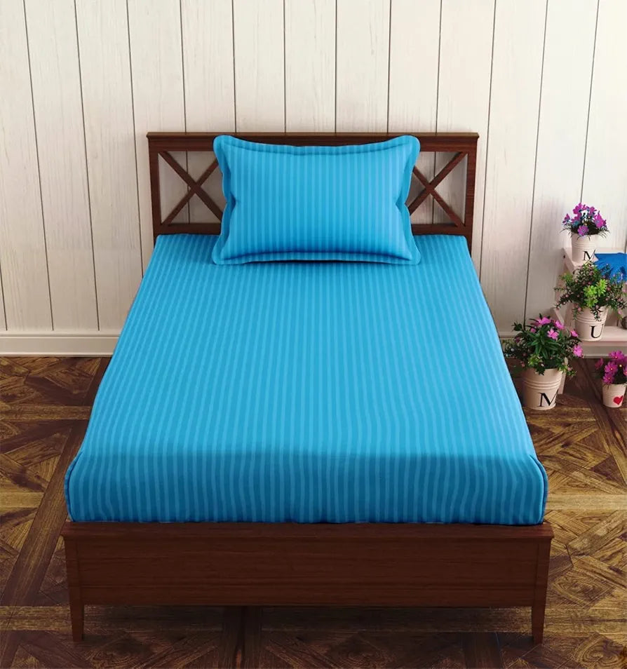 Trance Home Linen 100% Cotton 78x36 inch Single Fitted 200TC Satin Stripe Elastic Bedsheet | Single Bed Size Daily use Fitted Bedspread with 1 Pillow Cover 