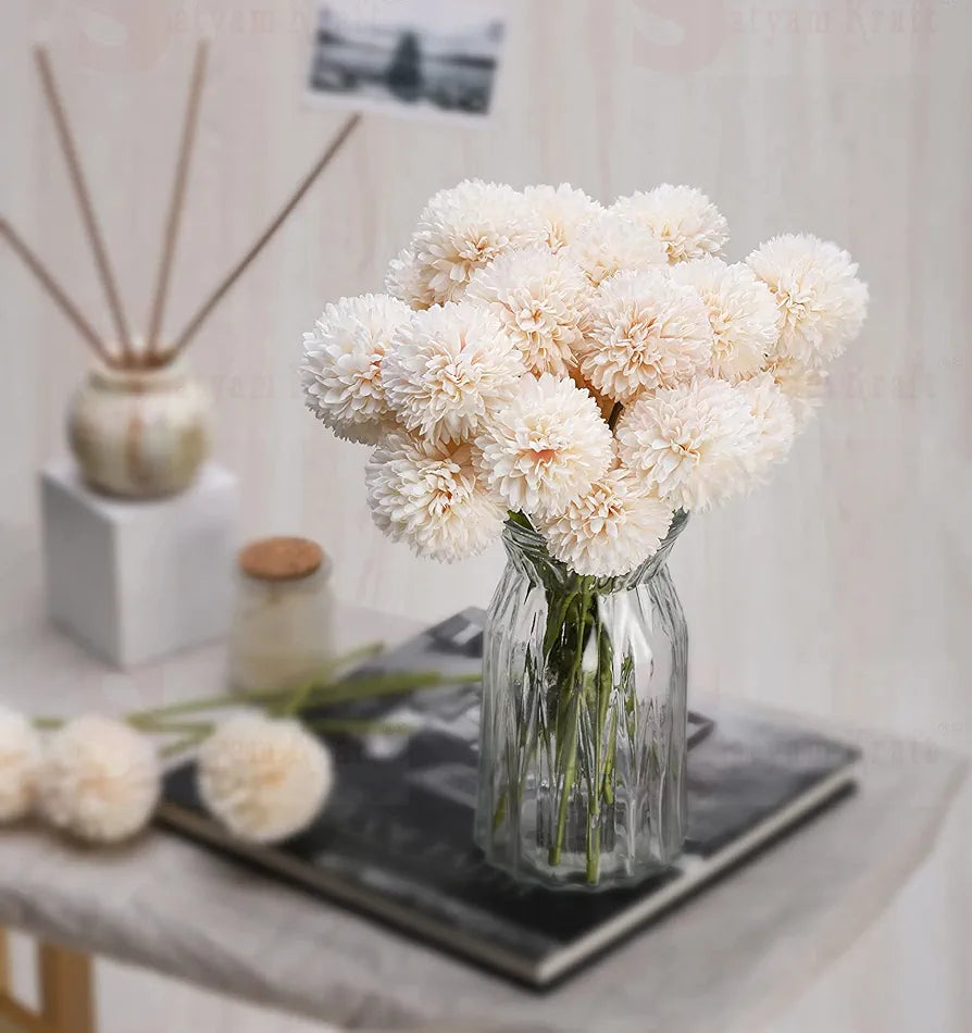 SATYAM KRAFT 5 Pcs Artificial Chrysanthemum Hydrangea Ball Flower Sticks for Home, Office, Bedroom, Balcony, Living Room, Wedding & Craft Decoration  
