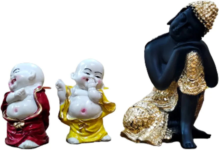 MARINER'S CREATION Polyresin Divine Resting Buddha Idol with Two Child Monks Showpiece for Home Decor 