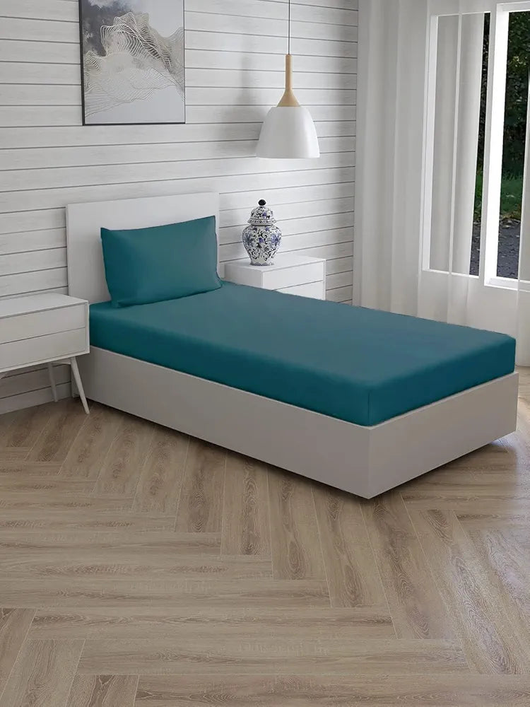 Trance Home Linen Premium 300 Tc Pure 100% Cotton Solid Single Size Fitted Bedsheet with 1 Pillow Cover,Small Single