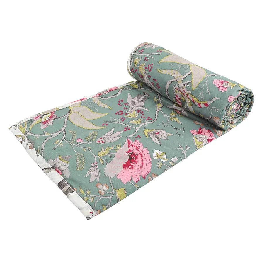 Trance Home Linen 100% Cotton Reversible Dohar Double Bed Size | Jaipuri Printed Artisan Block Design Blanket | Soft Lightweight Ac Comforter Quilt 