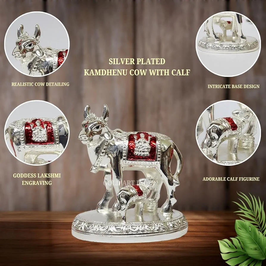 Gold Art India Kamdhenu Cow and Calf Idol with Red Accents | Shiny Silver Finish | 7.62 cm Decorative Gau MATA Murti for Home Temple, Gift & Office